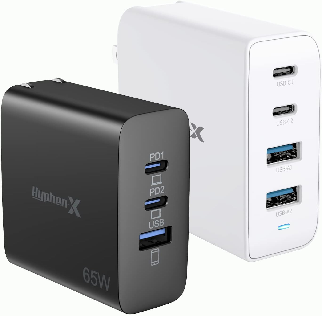 USB C Charger,Hyphen-X 100W 4-Port White and 65W 3-Port Black GaN PD Charger 2 Set