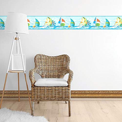 Dundee Deco Bd6261 Prepasted Wallpaper Border - Nautical Blue, Green, White, Yellow Sailboats, Regatta Wall Border Retro Design, 15 Ft X 8 In (4.57M X 20.32Cm) #TOP2