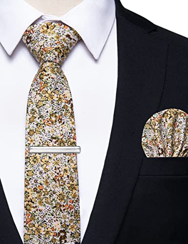 Image of YourTies Cotton Floral Tie for Men 2.5 inch Printed Skinny Necktie Pocket Square Tie Clip Set Flower Wedding Party Groom