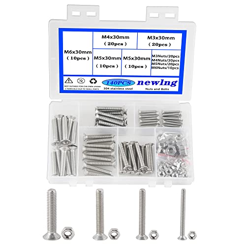 M3 M4 M5 M6 Tornillo y Tuerca Acero Inoxidable 304 Tornillo Avellanado Cruzar Tornillo Mecanico de Cabeza Plana 30mm Utilizado en Maquinaria y Autopartes 140 piezas Cover