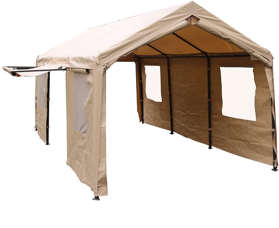SORARA Carport 10 x 20 ft Heavy Duty Canopy Garage Car Shelter with Windows and Sidewalls, Beige