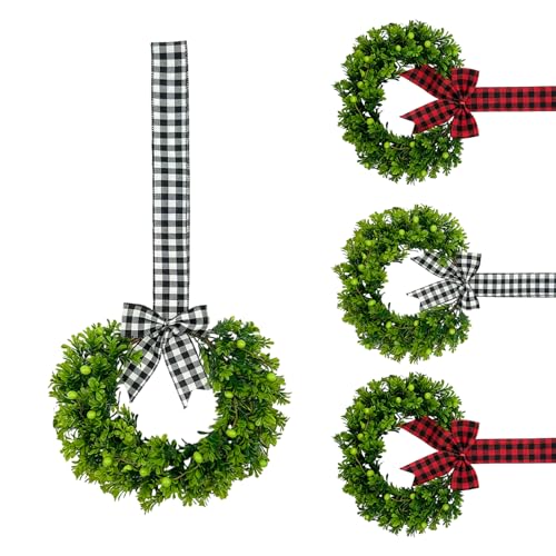 QIANGED 13.8 Inch Mini Boxwood Wreaths Set of 4 Interchangeable Red & White Buffalo Plaid Bows Rustic Farmhouse Wall Decor with Boxwood Green Berries for Front Door Kitchen Porch Window Cabinet