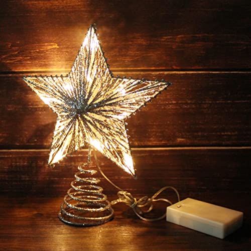 CVHOMEDECO. Silver Glittered 3D Tree Top Star with Warm White LED Lights and Timer for Christmas Tree Decoration and Holiday Seasonal Décor, 8 x 10 Inch - Thumbnail 4