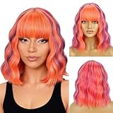 BERON 14 Inches Orange Wig with Bangs Short Curly Wig Hot Pink Mix Purple Orange Curly Wigs for Women Daily Party or Cosplay Hairnet Include