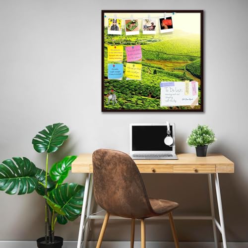 Image of ArtzFolio Tea Plantations, Munnar, Kerala | Bulletin Board Notice Pin Board | Vision Soft Board Combo with Thumb Push Pins & Sticky Notes | Dark Brown Frame | 20 x 20 inch (51 x 51 cms)