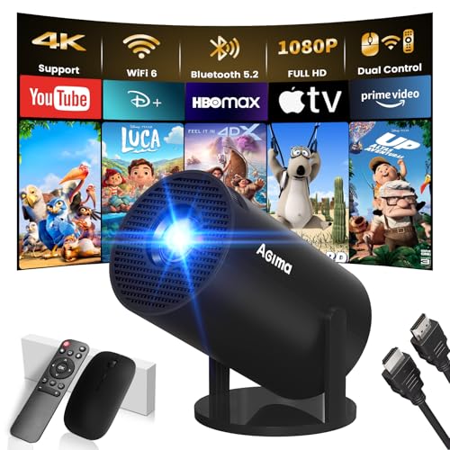 [App Integrada] Mini Proyector 2025 Upgraded Proyector Portátil, Dual Control con Ratón Android TV WiFi 6 BT5.2 180° Rotation HDMI/TV Stick/USB/PS5/Laptop, con Cable HDMI y Ratón, Negro