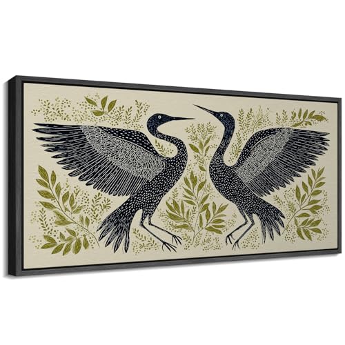 Image of MUDECOR Extra Large Framed Canvas Print Wall Art Modern Crane Birds with Green Botanical Antique Retro Ready to Hang Painting for Living Room Bedroom Multi-Sizes - 60 inchx30 inch