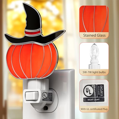 Image of Stained Glass Night Lights Plug into Wall Halloween Witch Hat 1-Pack 7W Plug in Night Light Dusk to Dawn 3000K Warm White Nightlight Switch-On /Off for Adult Kids Room Bathroom Hallway Kitchen