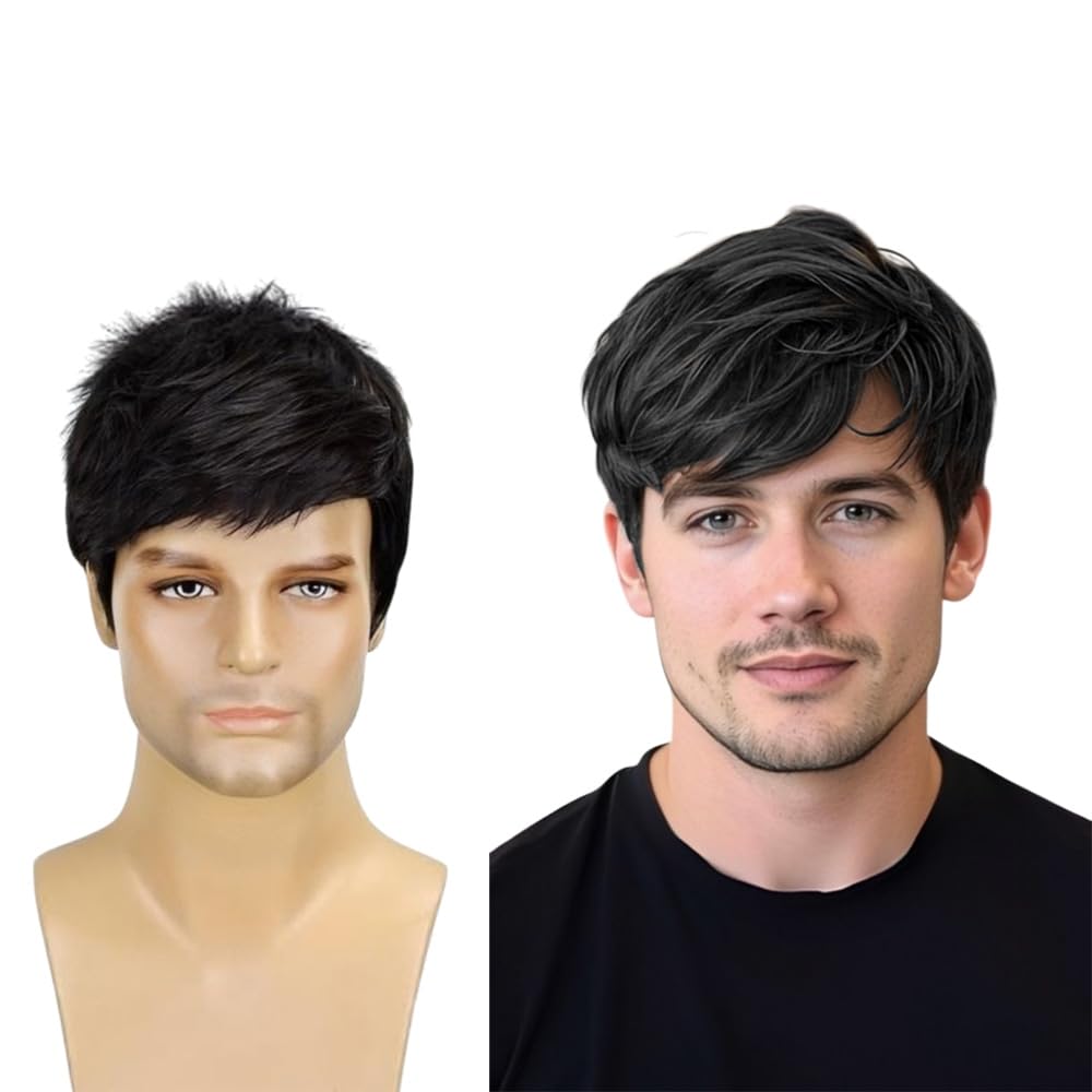 Men's Full Head Wigs Natural Look Wig For Boys Old Middle Age Mature Short Fathers Wig Natural Hairs (Black)