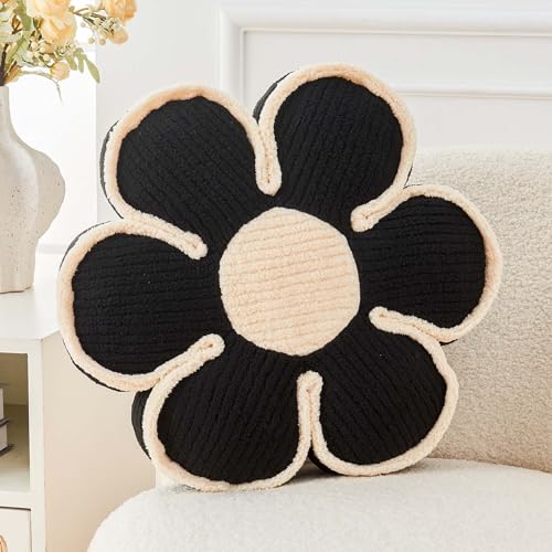 Kcvvcr Flower Pillow, Soft Flower Decorative Throw Pillow, Cute Daisy Flower Shaped Seating Floor Cushion Room Décor Plush Pillows for Sofa Couch Bed (13.7 Inch, Black)