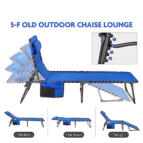 HIGH POINT SPORTS Outdoor Patio Chaise Lounge Chair, Foldable Adjustable Camping Reclining Chair for Adults, Tanning Beach Chair with Pillow for Outside, Portable Beach Sun Lounge Chair, Blue - Thumbnail 4