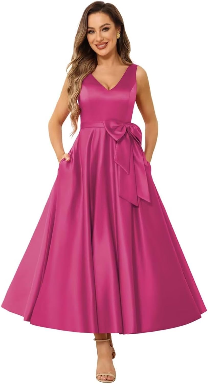 Women's Elegant Satin Mother of The Bride Dress for Wedding Tea Lenght A Line Wedding Guest Dress with Pockets