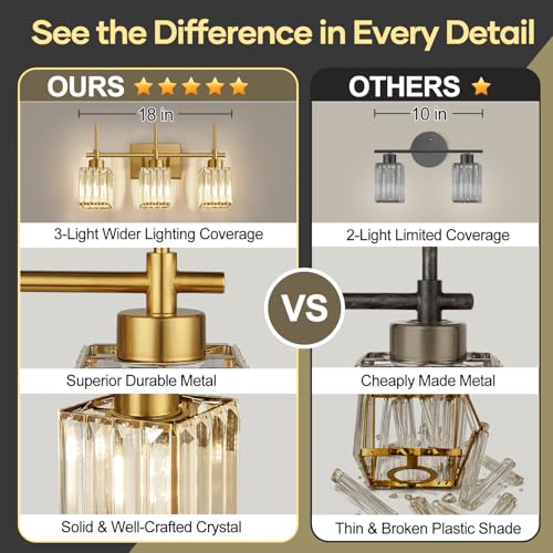 Image of Torondo Modern Crystal Bathroom Vanity Light 3-Light Brushed Gold Bathroom Light Fixtures Over Mirror Brushed Gold Vanity Lighting Fixtures Square Shade Brass Wall Sconce (Bulbs Not Include)