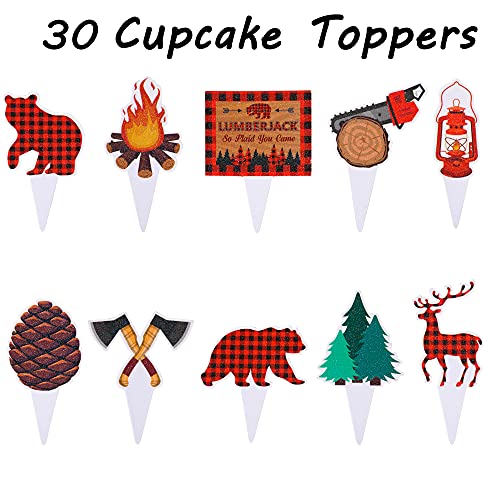 60Pcs Lumberjack Cupcake Toppers & Buffalo Plaid Wood Grain Cupcake Wrappers For Lumberjack Theme Baby Shower Birthday Party Decoration Campfire Party Supplies #TOP2