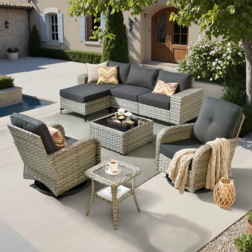 ovios 8 Pieces Patio Furniture Set Outdoor Sectional Sofa Couch with Rocking Swivel Chairs Deep Seat Chaise Comfy Cushions, Modern Modular Wicker Rattan Conversation Set, Black