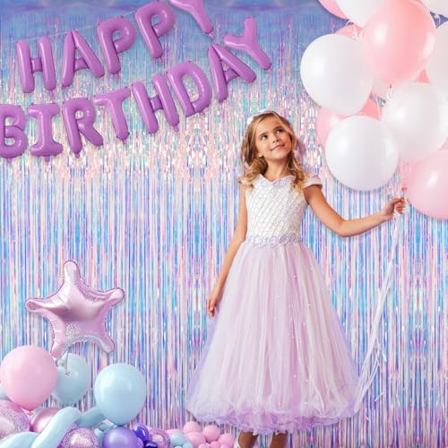 Image of GOER 3.2 ft x 6.5 ft Metallic Tinsel Foil Fringe Curtains Party Photo Backdrop Party Streamers for Mermaid Birthday Party Decorations(2 Packs,Iridescent)