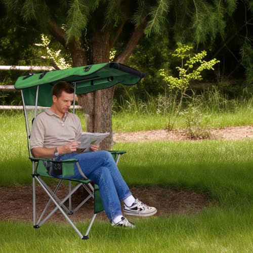 PLKO Camping Chairs with Canopy, Portable Quad Lawn Chair for Adults, Folding Recliner Chair with Cup Holder Outdoor Events and Shade- Support 330 LBS,Green