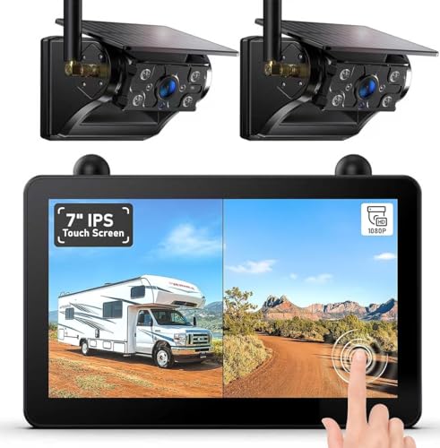 Rückfahrkamera Kabellos Dual Solar Magnetische Rückfahrkamera: 7“ 1080P Touchscreen IPS-Monitor, 12000mAh Akku, 1 Min Einrichtung, IP69K Wasserdicht Rückfahrkameras für Wohnmobile,Anhänger und LKWs