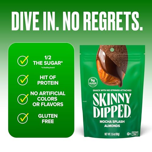 Image of SkinnyDipped Mocha Splash Almonds, Healthy Snack, Plant Protein, Gluten Free, 3.5 oz Resealable Bags, Pack of 5