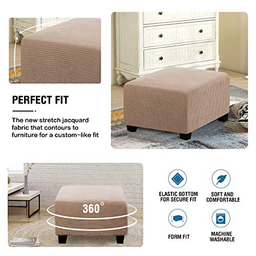 Image of H.VERSAILTEX Square Ottoman Covers Ottoman Slipcovers Folding Storage Stool Furniture Protector Form Fit with Elastic Bottom, Stretch High Spandex Small Checks Jacquard Fabric(Large,Sand)