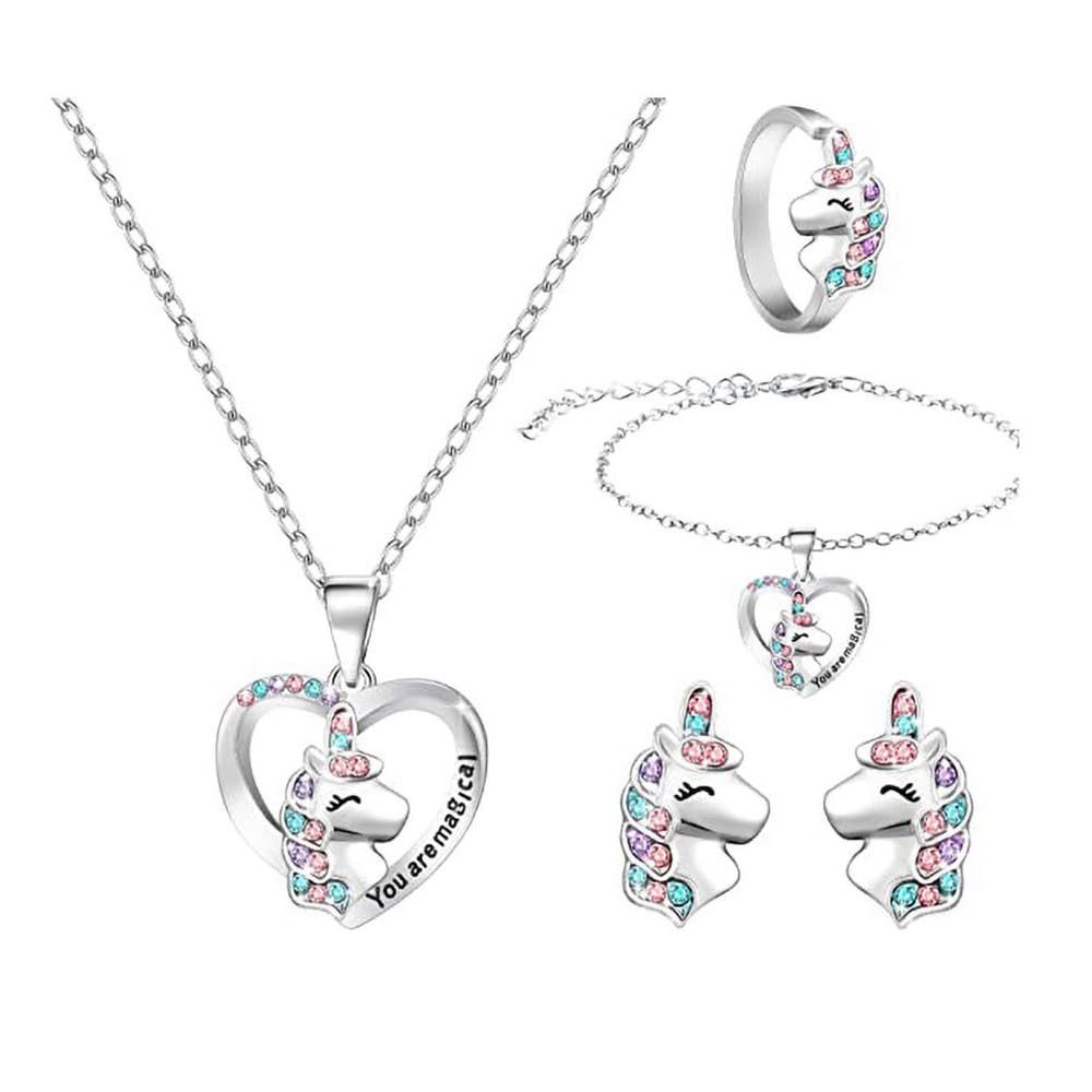 TOFBS Conjunto de Joyas Caballo para Niñas Corazón Colgante Collar Juego de Joyas Pulsera Pendientes Anillo Princesa Vestir Joyería Regalo de Cumpleaños
