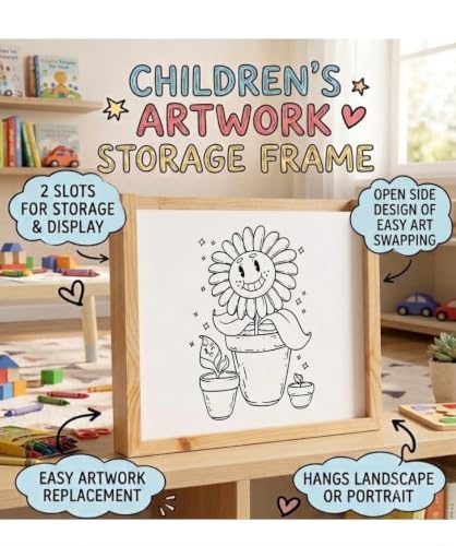 Image of Kids Art Display Frame - Wooden Slide-In Artwork Organizer & Storage | Open-Slot Design for Easy Swapping - Wall Mount Picture Frame for Kids Room & Classroom, Includes Bonus 10 Coloring Pages(1) - Open Design(Without Lid)