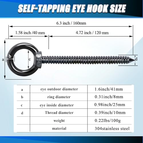 Image of OHIYO 6.3 Inch Heavy Duty Eye Hooks M10 Self Tapping Eyelet Screw Load Capacity 850 LBS Heavy Duty Screw in Eye Hooks for Hammock Stand, Swing Chair, Yoga, Heavy Indoor & Outdoor Uses (Black)
