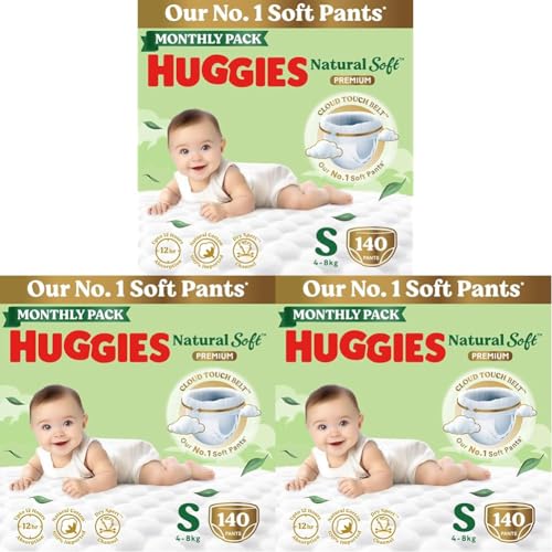 Image of Huggies Natural Soft Premium Baby Diaper Pants, Our No.1 Soft Pants, Small (S) Size (4-8 Kgs), Monthly Pack of 420 diapers | Cloud Softness All over with India's 1st Cloud Touch BeltTM (70 count, Pack of 2)