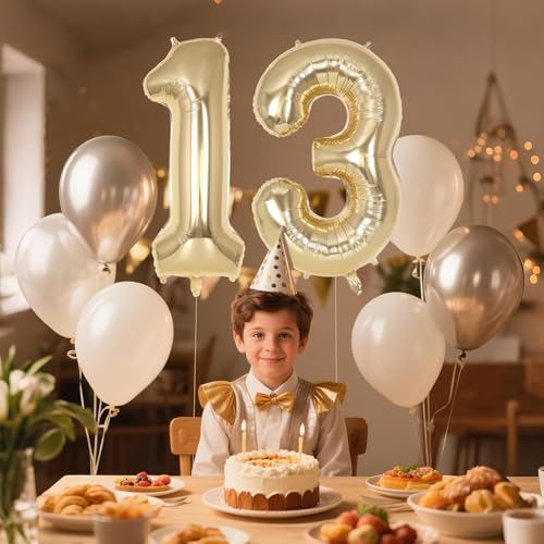 Image of Champagne Large Number 13 Balloon, 40 Inch Light Gold Foil Helium Number Balloons, Giant Mylar Number 13 Balloons for 13 Years Old Birthday Party Anniversary Decorations (Champagne Gold 13)