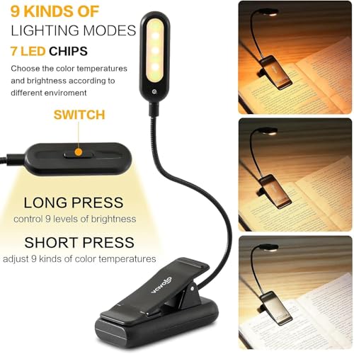 Image of VAVOFO Clip On Rechargeable Reading Light, 7 LEDs with 3 Colortemperature 9 Brightness Levels Book Lights for Reading in Bed with Power Indicator for Bookworms (2 Pack Black)