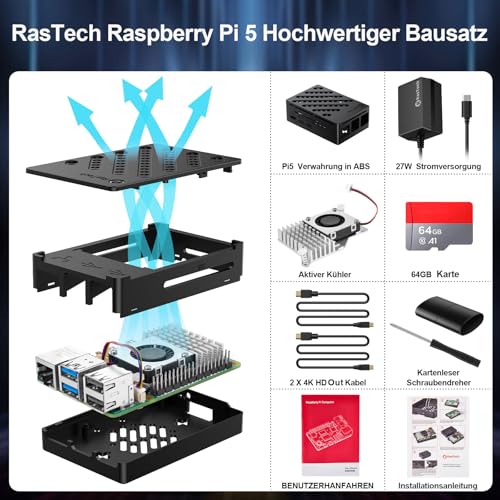 RasTech Raspberry Pi 5 8GB Kit 64GB Edition mit Active Cooler, 27W 5.1V5A USB-C Netzteil, Pi5 8GB Board, 64GB Kartenleser Kit, Pi 5 Gehäuse, Dual 4K Micro HD Out Kabel und Benutzerhandbuch