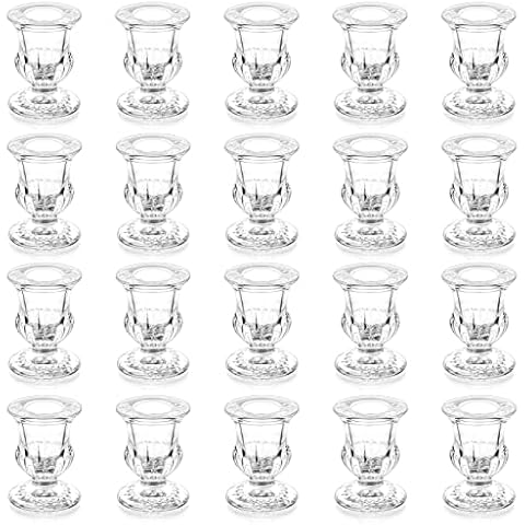 20 Pcs Glass Taper Candle Holders - Romadedi Clear Small Candlestick Holder Bulk, Thicker Glass Candle Sticks Set for Wedding Christmas Party Dining Table Table Centerpiece Decor Cover
