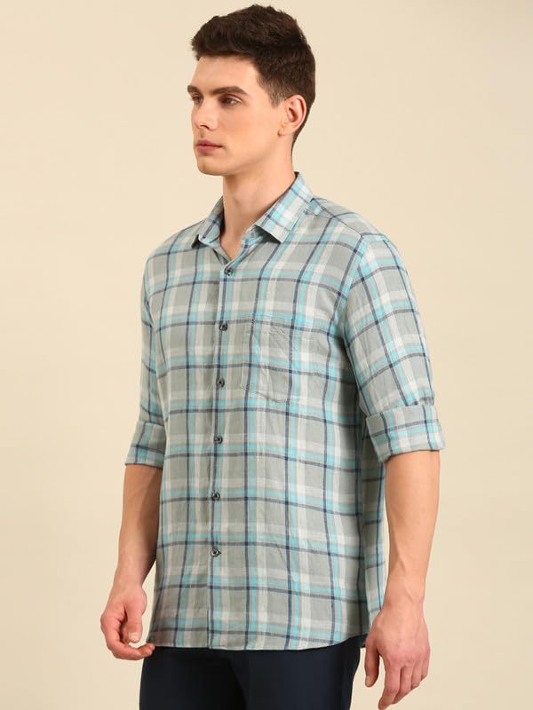 Image of Linen Club Men's Pure Linen Checked Contemporary Fit Full Sleeve Casual Shirt