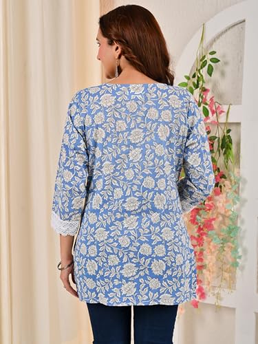 Image of MAHIRA'S Women's Short Kurti, Black Rayon Tunic Top with Embroidered Sleeves, 3 /4 Designer Sleeves