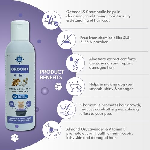 Image of PET360 Groom+ 4-in-1 Oatmeal Chamomile Dog Shampoo for All Coat Type|Cleanse, Detangle & Moisturize for Smooth & Itch-Free Hair with Aloevera|Sulphate & Parabens Free-200 Milliliter