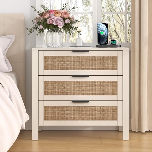 HOMMPA Rattan Night Stand with Charger Station Set of 2, 26'' Wide Boho Nightstand with 3 Drawer, Modern Bedside Table with Plug, Bed Side End Table Dresser with Open Shelf for Bedroom, Beige - image 7