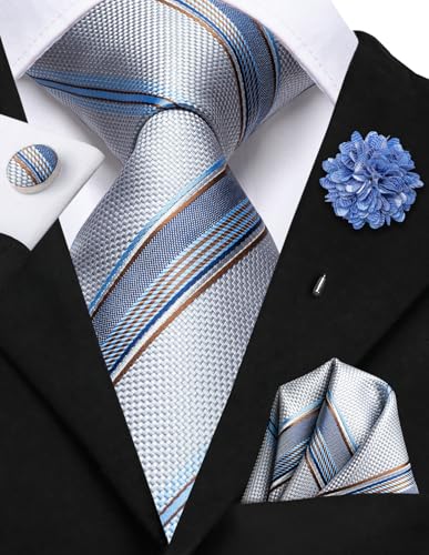 Image of Hi-Tie Men's Tie Lapel Pin Set Pocket Square Cufflinks Formal Woven Silk Tie Sets Wedding Party