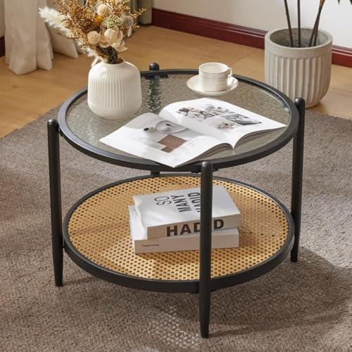 Image of VINGLI 25.6 inch Black Rattan Modern Coffee Table with 2-Tier Storage, Round Water-Wave Glass Metal Center Table for Living Room and Small Space