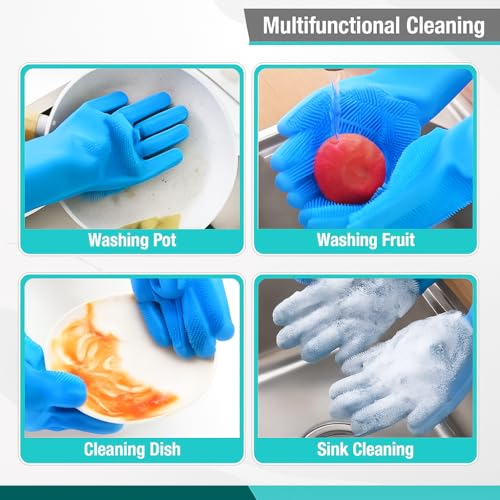 Image of Silicone Cleaning Gloves - Reusable Dishwashing Scrubber Gloves with Bristles - Waterproof, Non-Slip, Durable Kitchen Gloves for Washing Dishes, Car, Bathroom Cleaning (Blue, 3 Pair)