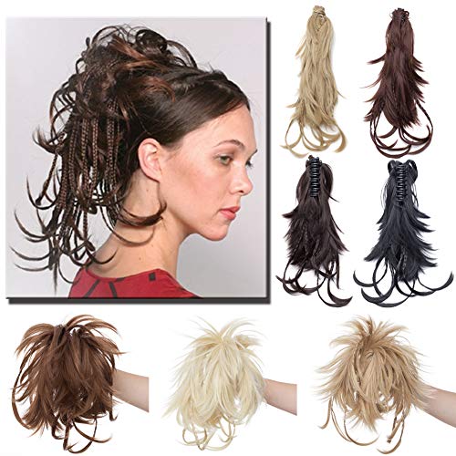 Messy Bendable Claw on Ponytail Hairpiece with Braids Clip in Jaw with 3 Bendable Metals Synthetic Straight Fluffy Hair Extension Customizable Updo Style (12" Bleach Blonde)