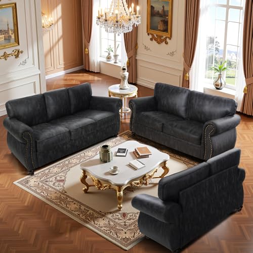Image of Couchus 88 inch W Living Room Furniture Sets, Mid-Century Vintage Faux Leather Sofa and Couch Sets, Loveseat and Sofa Set with Nailhead Trim (Grey, 2 Loveseat+3 Seater)