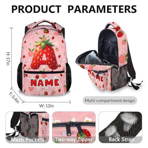 Girls Schoolbag, Custom Strawberry Letter Backpack for Girls, Personalized 3Pcs Set Casual Bookbag for Preschool Elementary Kindergarten Travel3