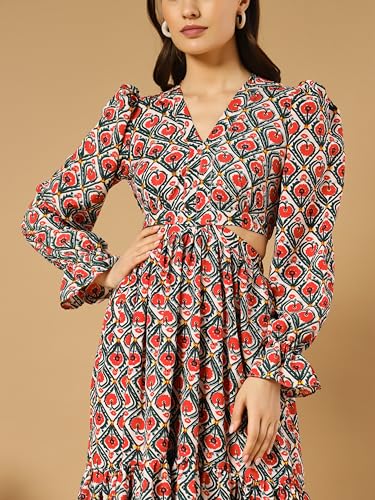 Kzully Women's Crepe A-Line Maxi Casual Dress (Sfs-2001-Red-Kaju Katli-M-Print_Red-Floral