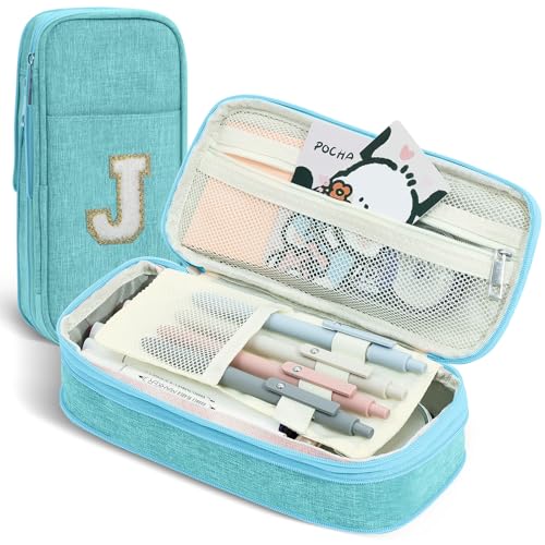 Image of Preppy Pencil Case for School Supplies, Large Initial Pencil Pouch with Zipper, Cute Pencil Bag for Office Supplies, Aesthetic Pen Case Box for Kids Teen Girls Women - J(Blue)