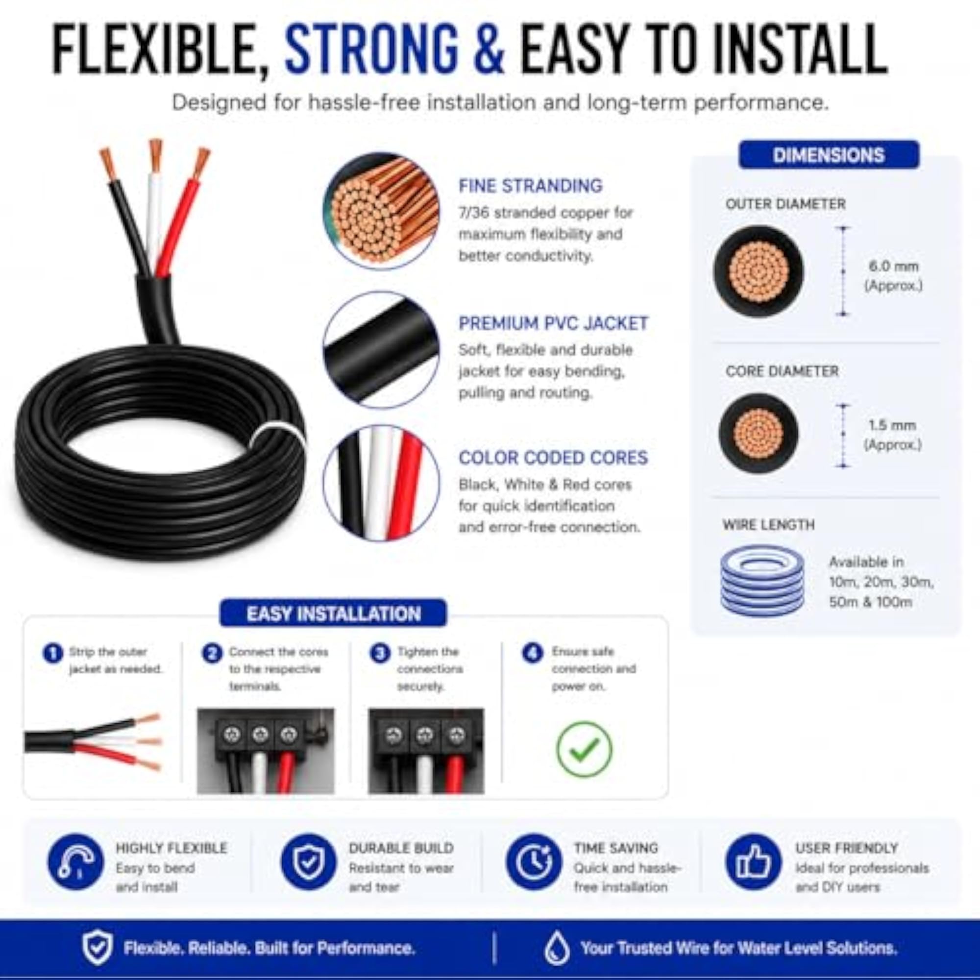 3 Core Wire for Water Level Controller & Indicator, 30 MTR