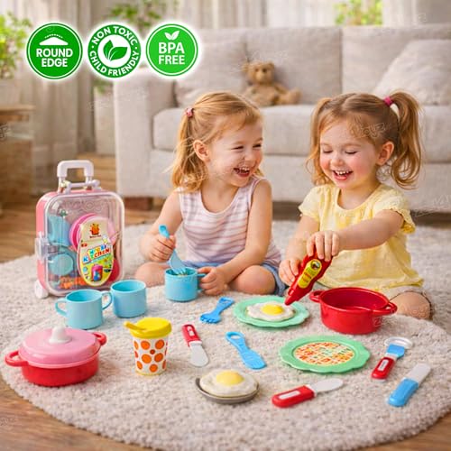 Image of Zest 4 Toyz Kitchen Set for Girls with Trolley Suitcase Kitchen Playset for Girls Kitchen Cooking Suitcase Cooking Toy Pretend Play Toys for Kids - Pink (16 Pcs)