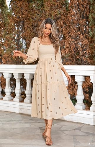 R.Vivimos Women's Long Sleeve Cotton Boho Midi Dress Vintage Square Neck Floral Embroidered Tiered Ruffle Flowy Pockets Dress4