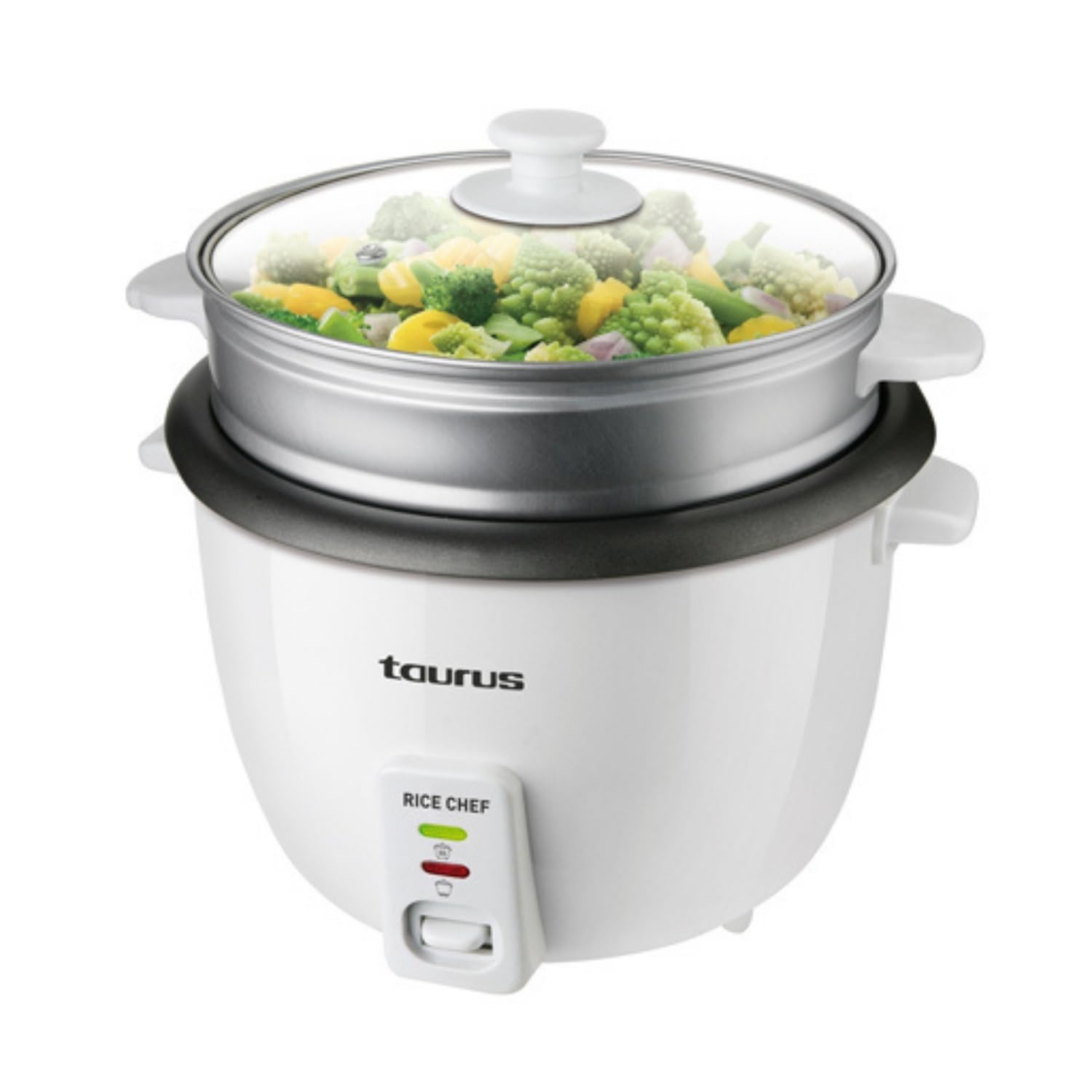 Taurus Rice Chef - Arrocera. 700W. Capacidad 1.8L. Revestimiento antiadherente. Función de cocción y mantenimiento del calor. Accesorio cocción al vapor. Blanco