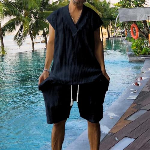 Athleisure Cable Jacquard Set Men, Casual Cable Knit T-shirt Set V-Neck Sleeveless Tank Top and Drawstring Shorts 2 Piece4