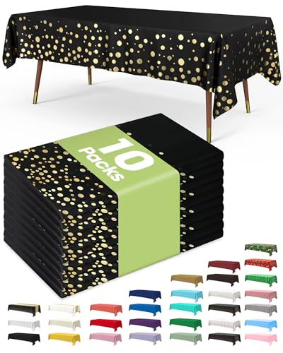 Image of Pureegg Plastic Table Cloth Disposable 10 Pack, 54 x 108 Inch Table Cloths, Graduation Decorations Class of 2025, Graduation Tablecloths, Rectangle, Plastic Cover, Leakproof & Sturdy, Black and Gold